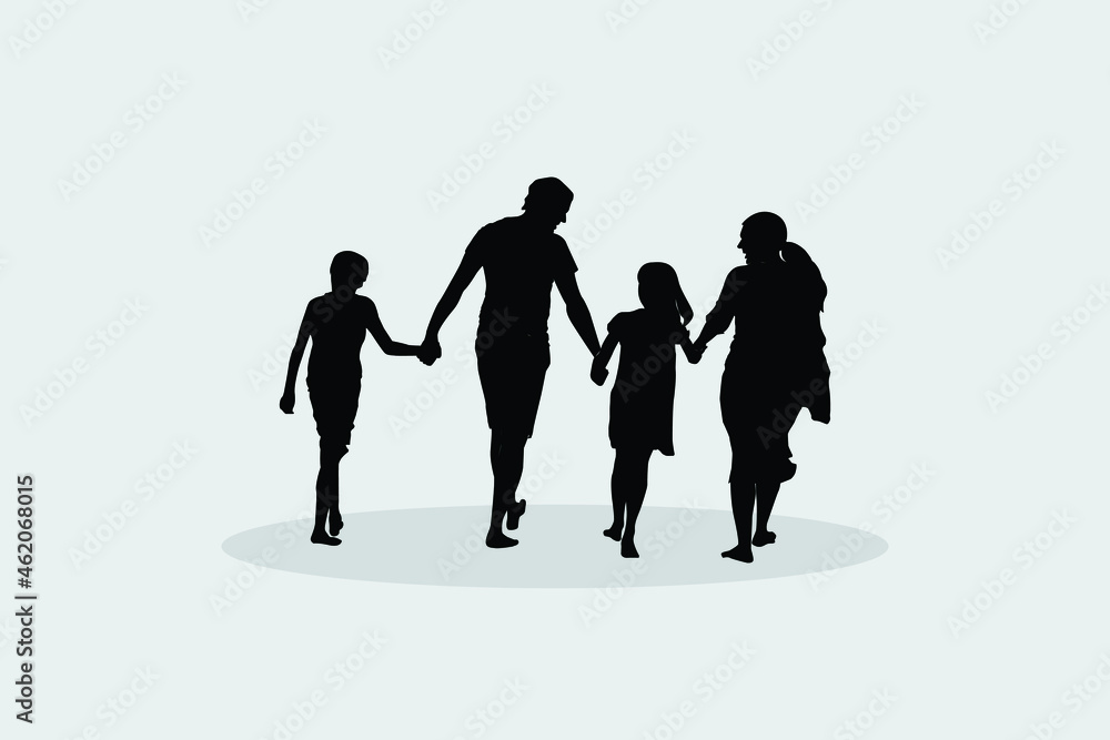 Family is walking. People are spending time together on sandy beach. Parents and children walking. vector image