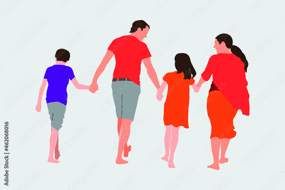 Obraz premium Family is walking. People are spending time together on sandy beach. Parents and children walking. vector image