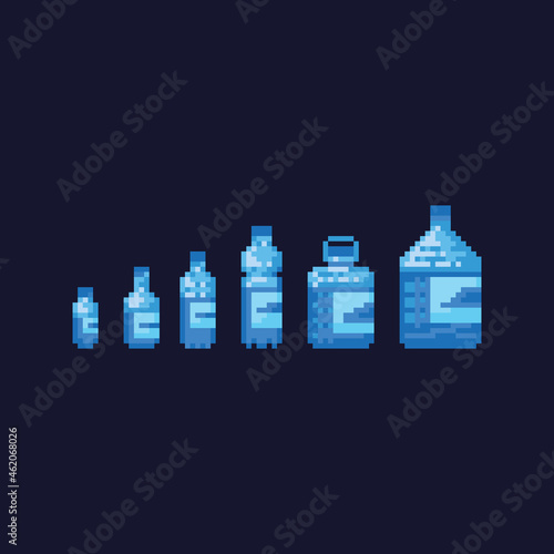 Pixel art 8 bit collection of recyclable plastic water bottles isolated vector illustration set