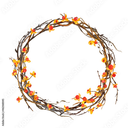 Watercolor bittersweet and grapevine wreath illustration, isolated on white background. Fall themed decor. Thanksgiving card.