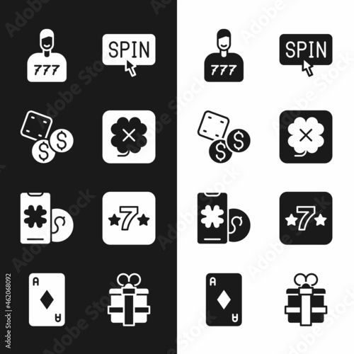 Set Casino slot machine, Game dice, Lucky player, Slot spin button, Online poker table game, Gift box and Playing card with diamonds icon. Vector