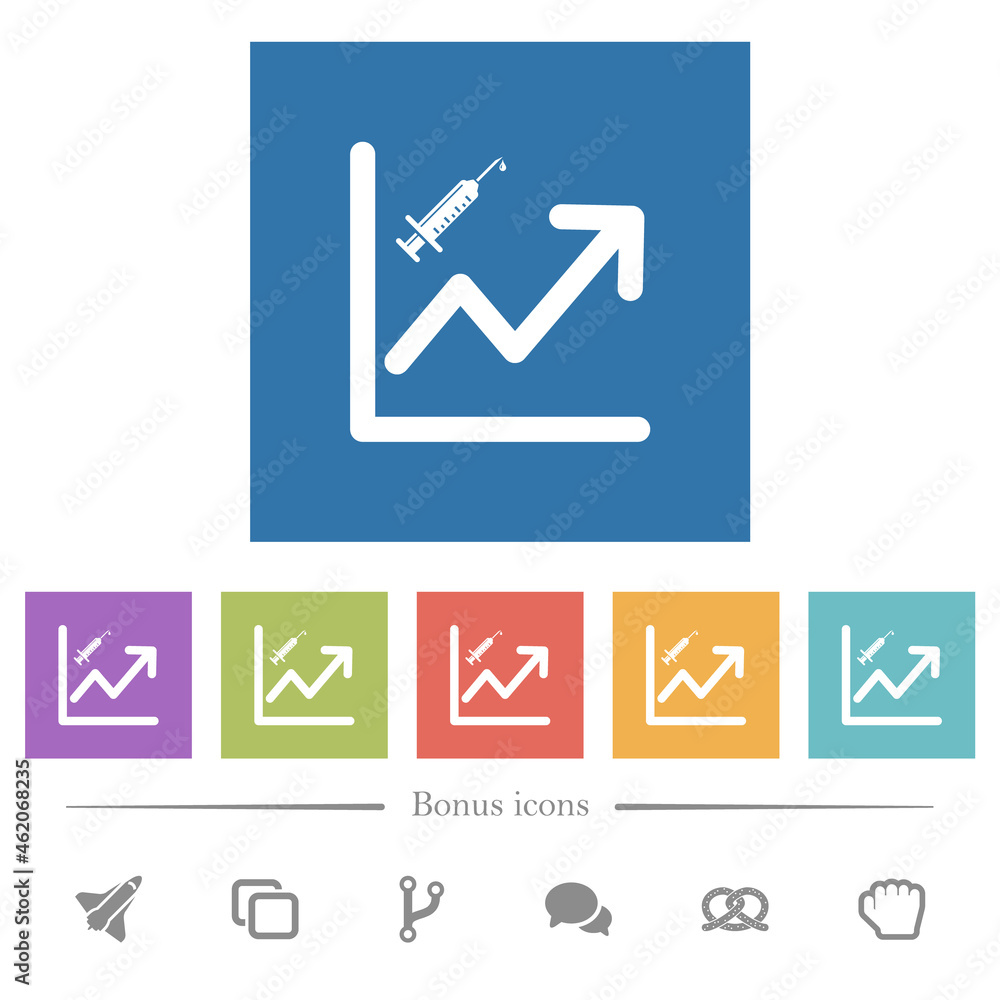 Rising vaccination graph flat white icons in square backgrounds Rising vaccination graph flat white icons in square backgrounds