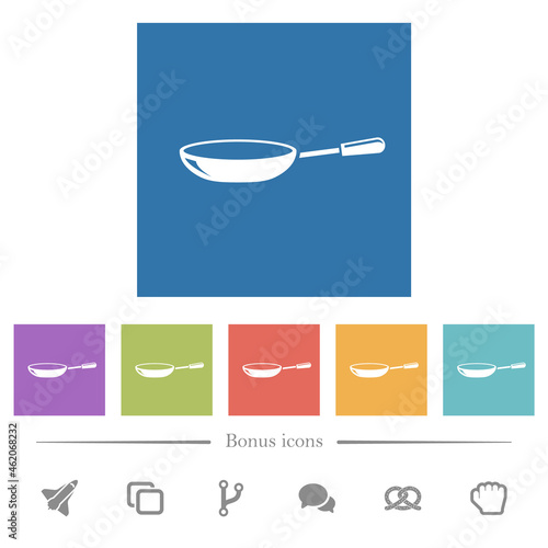 Glossy frying pan flat white icons in square backgrounds