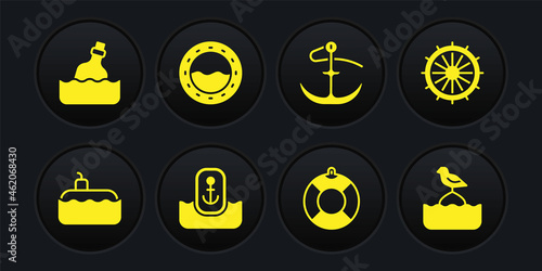 Set Submarine, Ship steering wheel, Location with anchor, Lifebuoy, Anchor, porthole, Seagull sits and Bottle message water icon. Vector