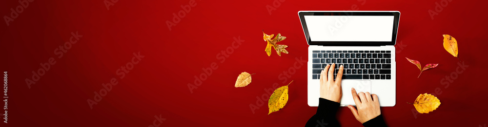 Autumn leaves with person using a laptop computer from above Autumn leaves with person using a laptop computer from above