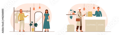 People shopping flat vector illustrations set. A salesperson in a clothing store offers a customer to try on clothes, accepts payment at the cash register. Clothing store, sale.