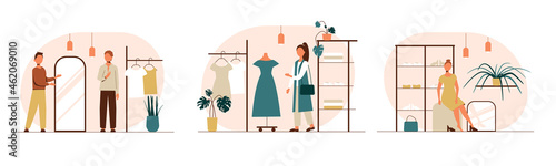 People shopping flat vector illustrations set. Shoppers choose their clothes, try on shoes in a clothing store.