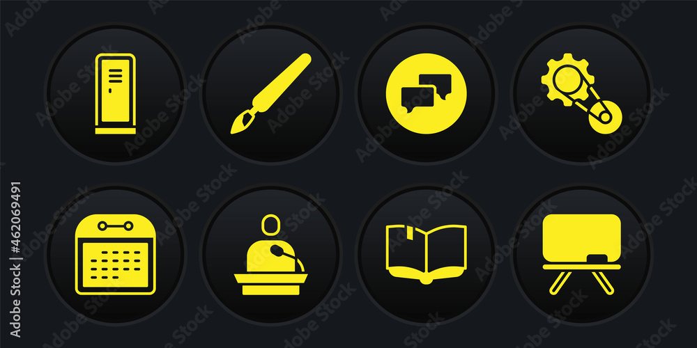 Set Calendar, Timing belt kit, Gives lecture, Open book, Speech bubble chat, Paint brush, Chalkboard and Locker or changing room icon. Vector Set Calendar, Timing belt kit, Gives lecture, Open book, Speech bubble chat, Paint brush, Chalkboard and Locker or changing room icon. Vector