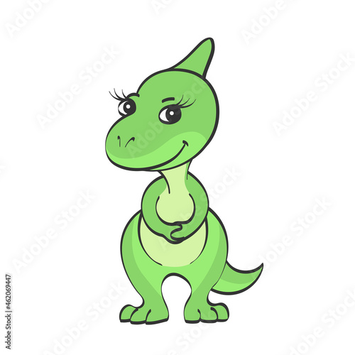 Little green dinosaur girl. Sweet smile on my face. Children toy  cute character. Vector cartoon isolated illustration