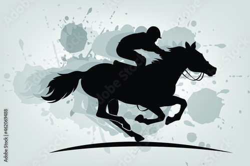 Vector illustration of race horse with jockey. Black isolated silhouette on white background. Equestrian competition logo. vector image.