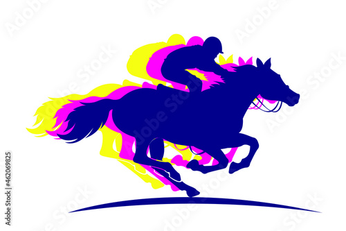 Vector illustration of race horse with jockey. Black isolated silhouette on white background. Equestrian competition logo. vector image.