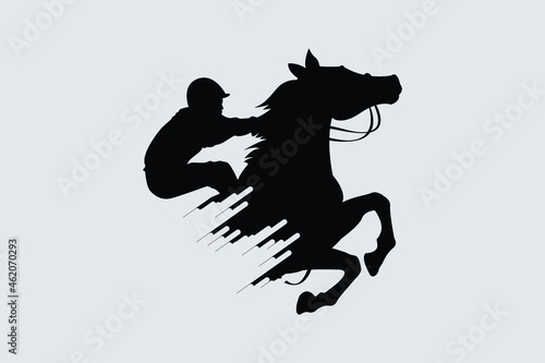 Vector illustration of race horse with jockey. Black isolated silhouette on white background. Equestrian competition logo. vector image.