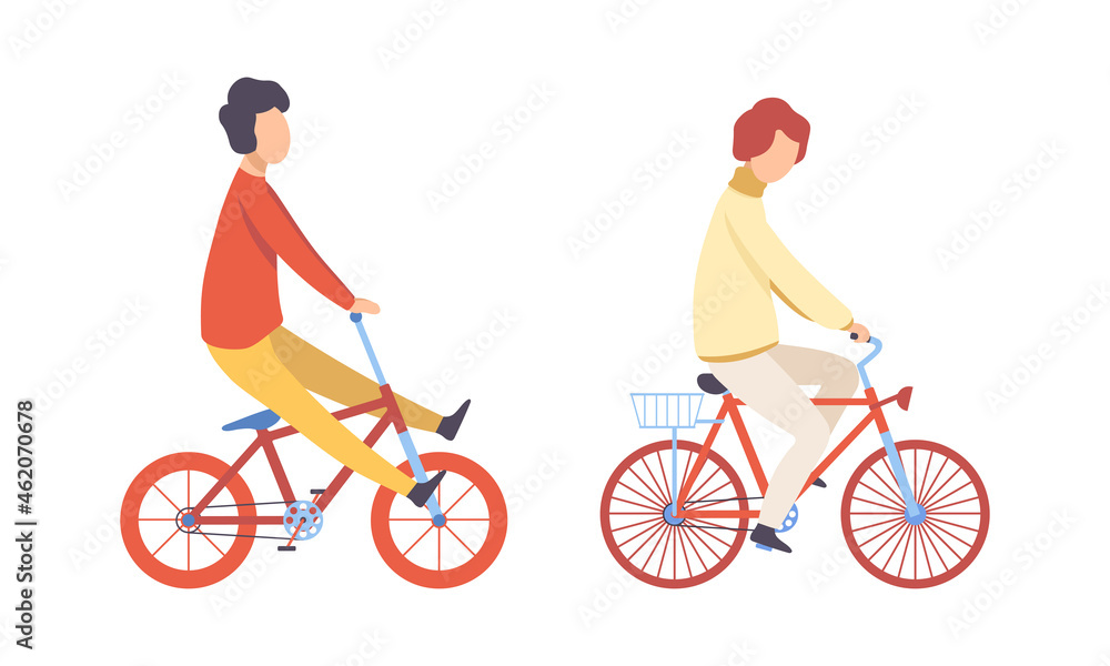 Young Man Riding Bicycle Enjoying Summer Vector Set Young Man Riding Bicycle Enjoying Summer Vector Set
