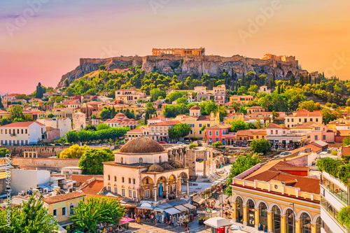 Fototapeta Naklejka Na Ścianę i Meble -  Skyline of Athens with Monastiraki square and Acropolis hill during sunset. Athens, Greece.