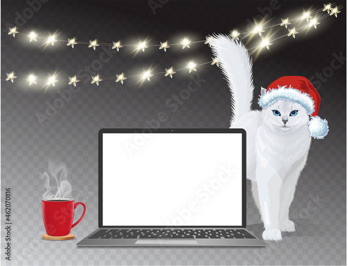  Vector Christmas mock up with realistic laptop, light garland, white cat and coffee cup near a computer. Template with modern mobile laptop and blank copy space.