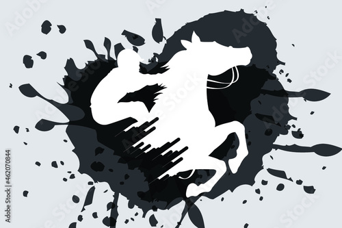 Vector illustration of race horse with jockey. Black isolated silhouette on white background. Equestrian competition logo. vector image.