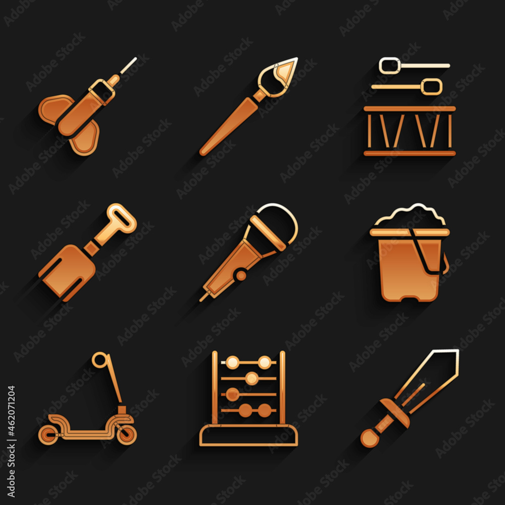 Set Microphone, Abacus, Sword toy, Sand in bucket, Roller scooter, Shovel, Drum with drum sticks and Dart arrow icon. Vector Set Microphone, Abacus, Sword toy, Sand in bucket, Roller scooter, Shovel, Drum with drum sticks and Dart arrow icon. Vector