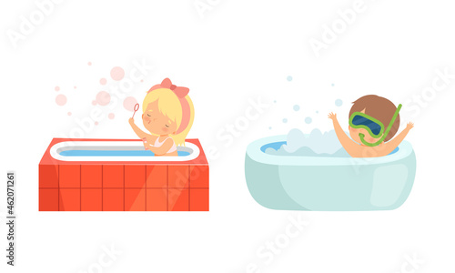 Little Girl and Boy in Bathtub with Foam Splashing and Bathing Vector Set