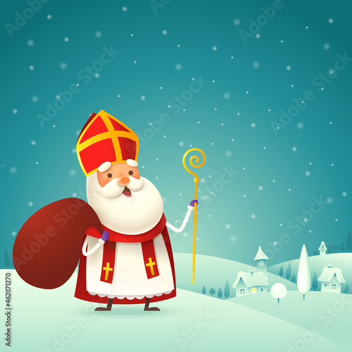 Cute Saint Nicholas - Sinterklaas with gift is coming to town - winter night landscape