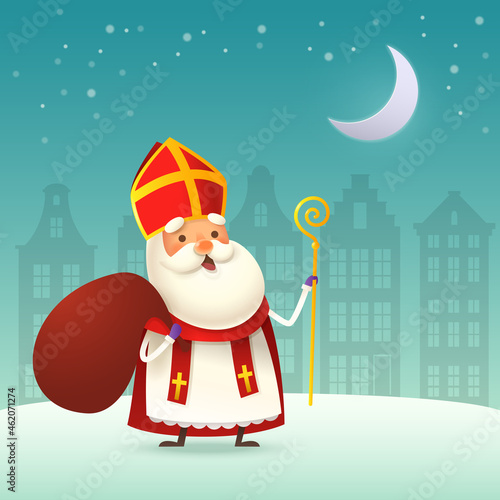 Cute Saint Nicholas - Sinterklaas jumping - happy expression - winter night landscape