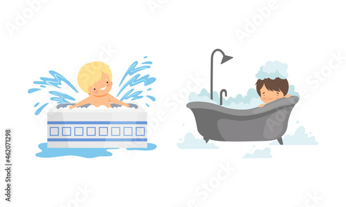 Little Boy in Bathtub with Foam Splashing and Bathing Vector Set