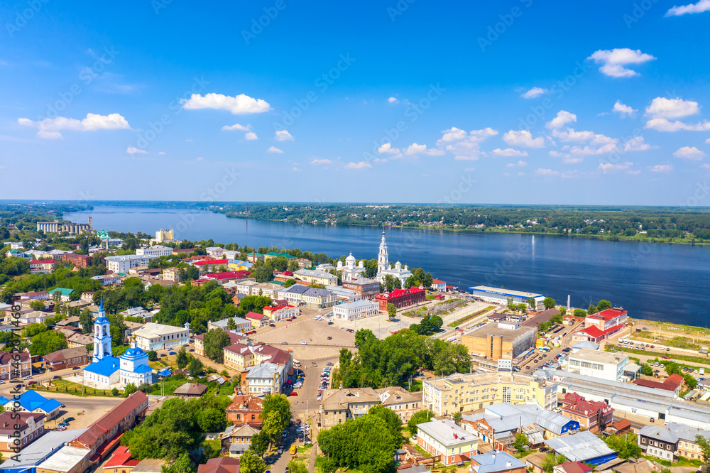 Aerial drone view of Kineshma ancient city with Volga river in Ivanovo region, Russia. Summer sunny day