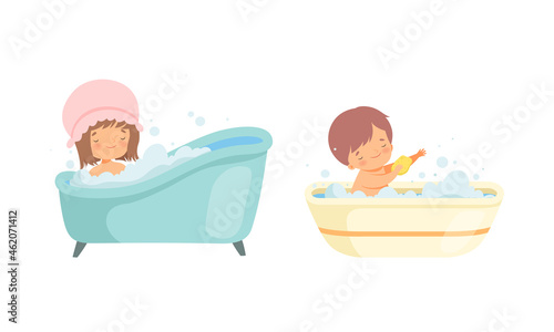 Little Girl and Boy in Bathtub with Foam Splashing and Bathing Vector Set