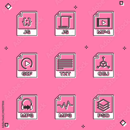 Set JS file document, , MP4, GIF, TXT and OBJ icon. Vector