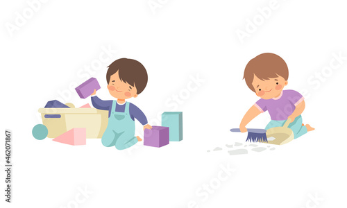 Cute Boy Doing Housework and Housekeeping Picking Up Toys and Sweeping Floor Vector Set