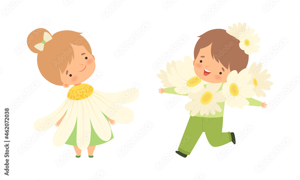 Cute Little Kids Wearing Flower Costume Vector Set Cute Little Kids Wearing Flower Costume Vector Set