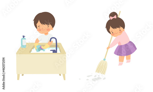 Cute Boy and Girl Doing Housework and Housekeeping Vacuum Sweeping the Floor and Washing the Dishes in Kitchen Sink Vector Set
