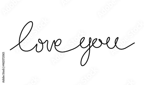 Calligraphic inscription of word "love you" with hearts as continuous line drawing on white background. Vector