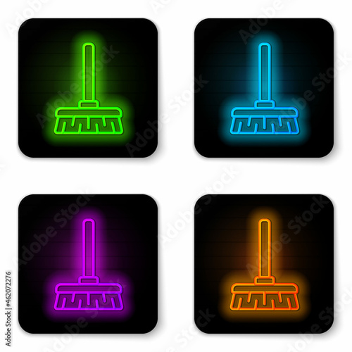 Glowing neon line Handle broom icon isolated on white background. Cleaning service concept. Black square button. Vector Illustration