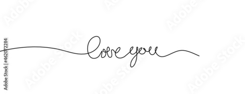 Calligraphic inscription of word "love you" with hearts as continuous line drawing on white background. Vector