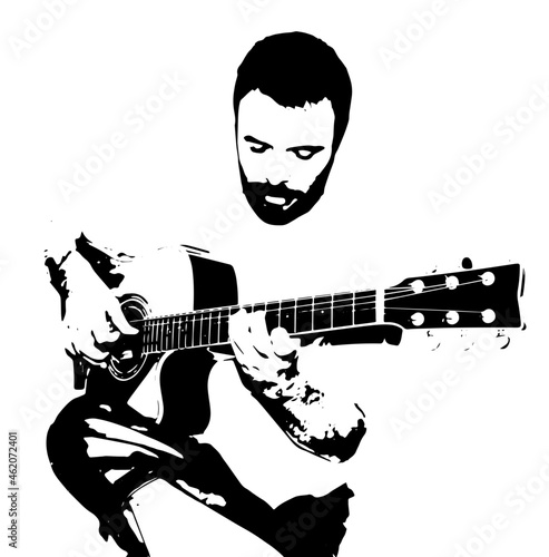 Vector of a guitar player playing fingerstyle on a cutaway dreadnought type acoustic guitar.