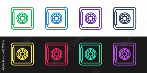 Set line Safe icon isolated on black and white background. The door safe a bank vault with a combination lock. Reliable Data Protection. Vector