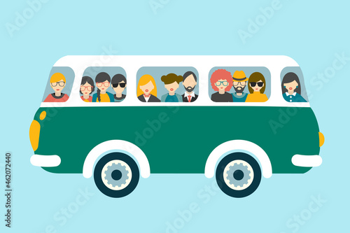 Retro bus with passengers. Flat vector concept.