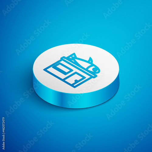 Isometric line Seafood store icon isolated on blue background. Facade of seafood market. White circle button. Vector.