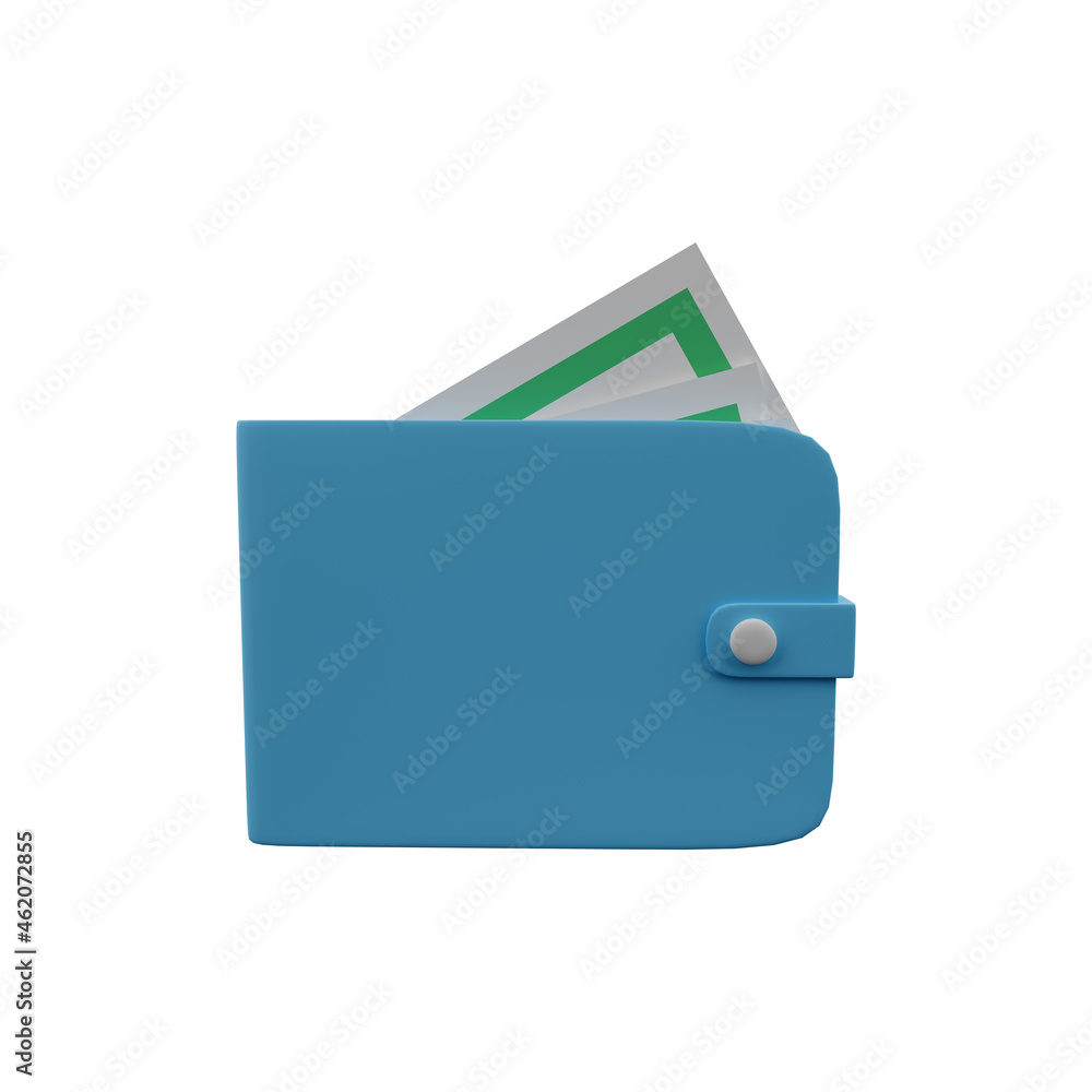 3d blue wallet with paper money cash isolated on blue background.3d purse illustration. Cash savings symbol. 3d blue wallet with paper money cash isolated on blue background.3d purse illustration. Cash savings symbol.