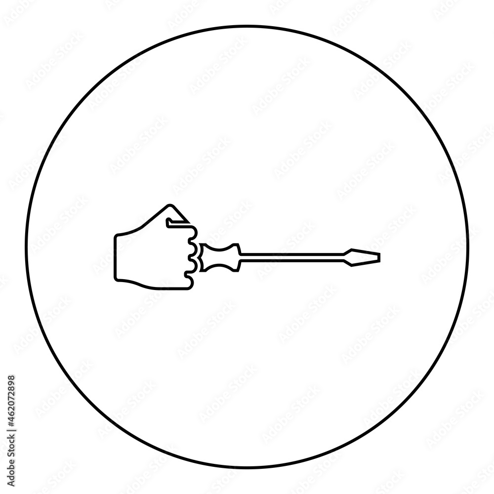 Screw driver in hand tool in use Arm with screwdriver for unscrewing icon in circle round black color vector illustration solid outline style image Screw driver in hand tool in use Arm with screwdriver for unscrewing icon in circle round black color vector illustration solid outline style image