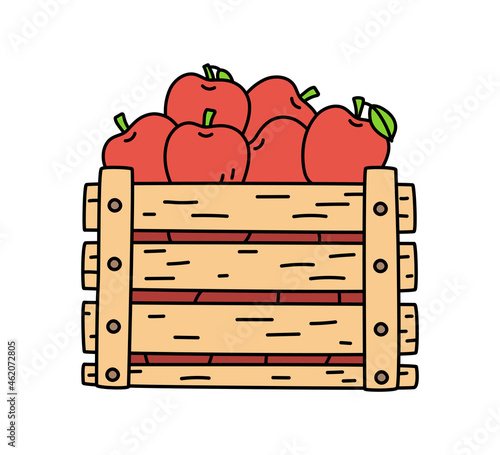 Fruit box with apple. Wooden container isolated on white. Color food sketch. Vector illustration