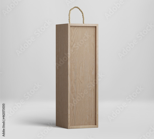 Wine Bottle Mockup with wood box, Red wine with white wrapper, 3d rendered isolated on light gray background photo