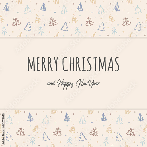 Xmas greeting card with hand drawn trees Christmas design. Vector