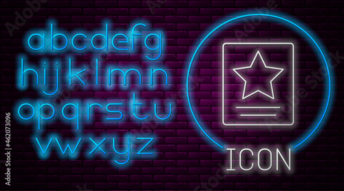 Glowing neon line Hollywood walk of fame star on celebrity boulevard icon isolated on brick wall background. Famous sidewalk, boulevard actor. Neon light alphabet. Vector