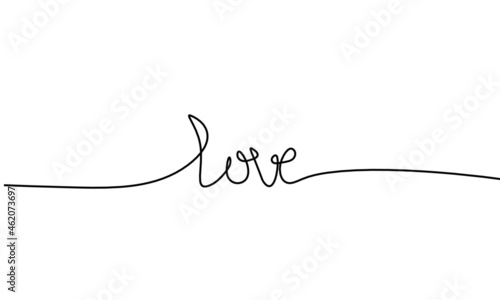Calligraphic inscription of word "love" and hearts as continuous line drawing on white background. Vector