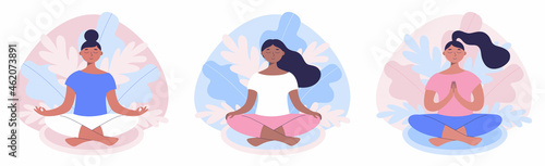 Young women practice yoga in the lotus position. Meditation and relaxation vector illustration
