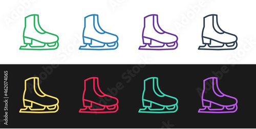 Set line Skates icon isolated on black and white background. Ice skate shoes icon. Sport boots with blades. Vector