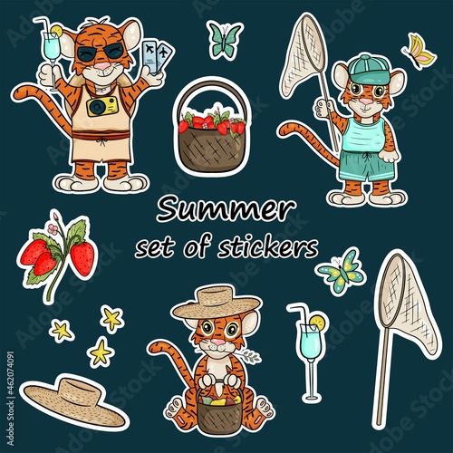 Set of stickers with the symbol of the year of the tiger according to the Chinese calendar. Stickers with summer elements, forest berries, fruit basket, harvest, straw hat. Vector cartoon style