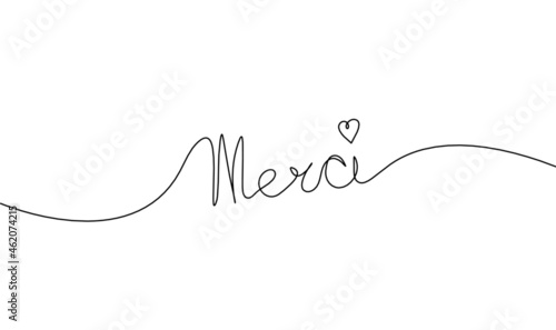 Calligraphic inscription of word "merci" as continuous line drawing on white background. Vector