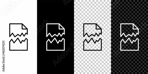 Set line Torn document icon isolated on black and white background. Vector
